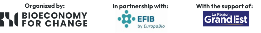 Imagem com três logotipos no topo, incluindo Bioeconomy for Change, EPIB by EuropaBio e La Region Grand Est, com fundo escuro e texto de creditação de organização e parceria.